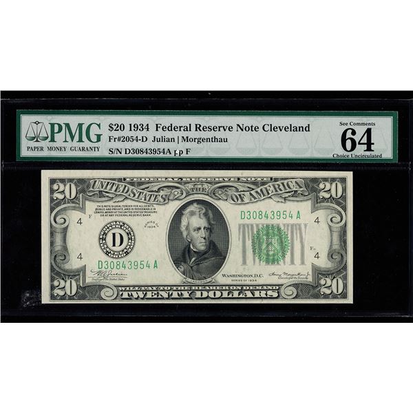 Fr. 2054-D 1934 $20 Federal Reserve Note Mule Error PMG 64 Choice Uncirculated (Fr-2054-D),