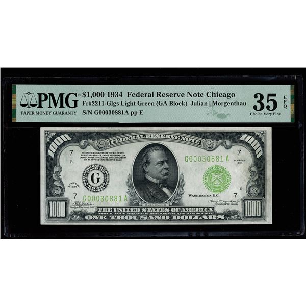 Fr. 2211-G $1000 1934 Light Green Seal Federal Reserve Note Chicago PMG 35 Choice Very Fine EPQ (Fr-