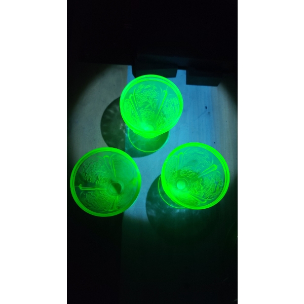 (3) Jeannette Glass Company Green Uranium Glass Cherry Blossom Footed Juice Tumblers