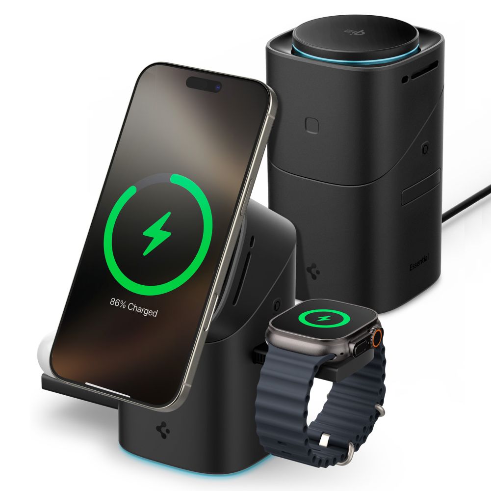 Spigen Essential EF223MS 3in1 Qi2 MagSafe iPhone + Apple Watch + AirPods Qi dönthető vezeték nélküli töltő állvány - fekete