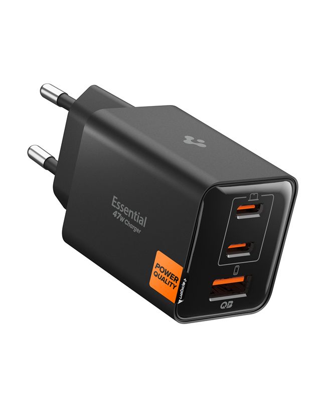 Spigen EE473EU Essential hálózati töltő adapter (2x USB-C + 1x USB-A) 47W - fekete