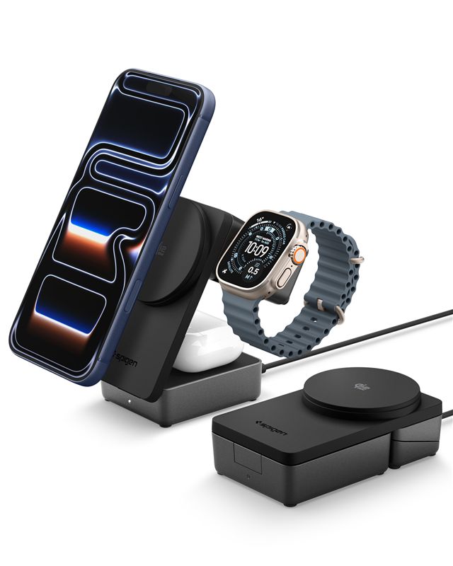 Spigen EF323MQ Essential 3in1 MagSafe Qi2 25W iPhone + Apple Watch + AirPods Qi vezeték nélküli töltő állvány dönthető - fekete