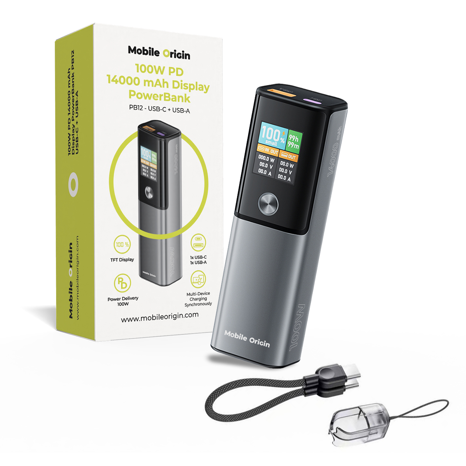 Mobile Origin PB12 Powerbank 14000mAh külső akkumulátor kijelzővel PD 100W + USB-C - USB-A kábel - 150cm - szürke