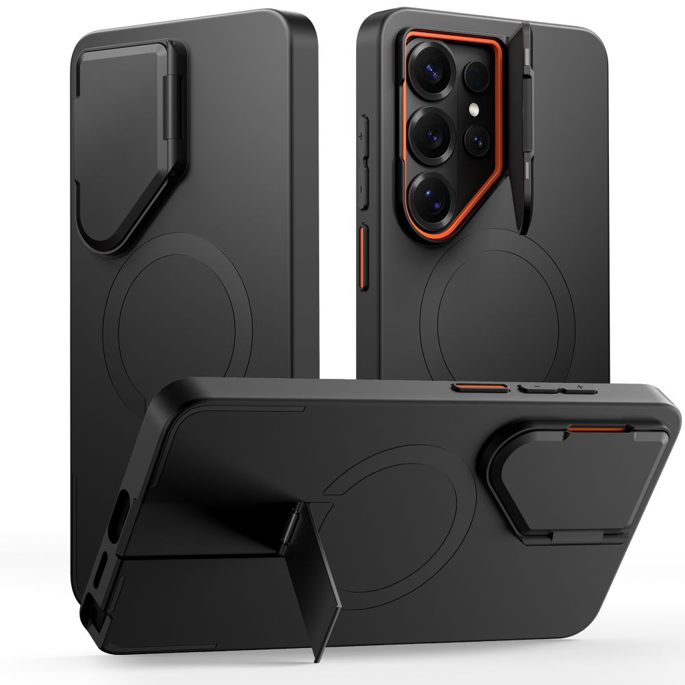 iKi Kevlar Aura MagSafe Samsung Galaxy S26 Ultra kemény hátlap tok kameravédővel + kitámasztóval - fekete