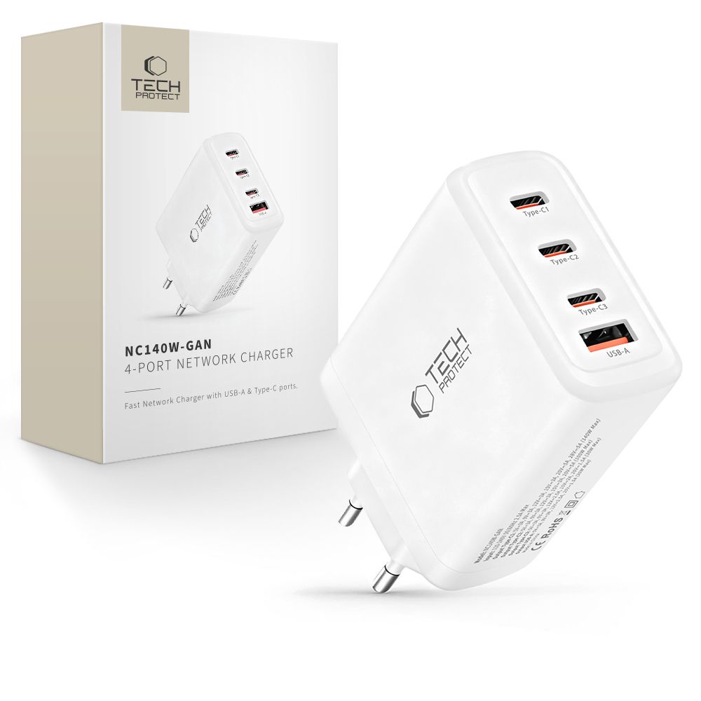 iKi NC140W-GAN hálózati töltő (3x USB-C + 1x USB-A) PD 140W QC3.0 - fehér
