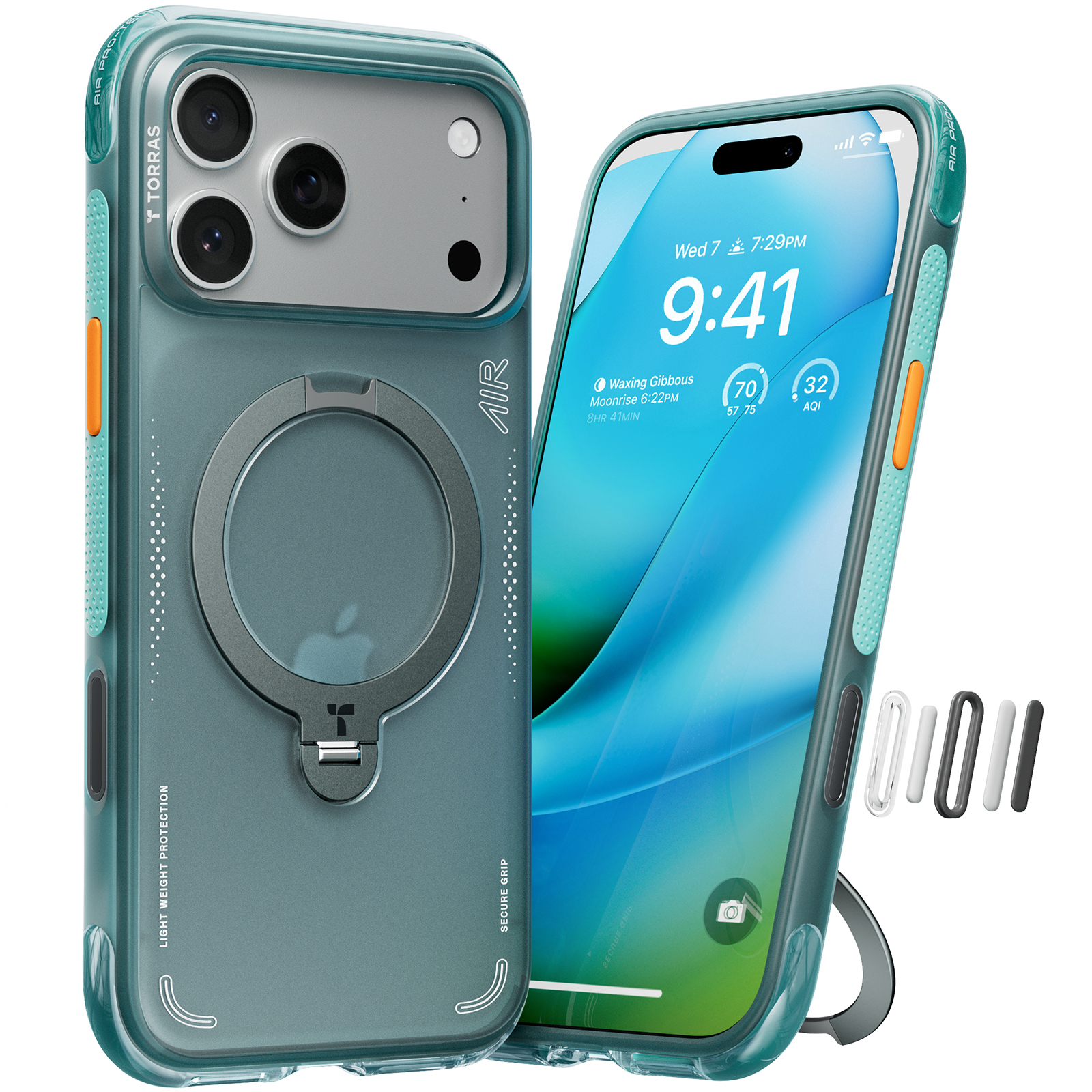 Torras Ostand Q3 Air MagSafe iPhone 17 Pro ütésálló kemény hátlap tok kitámasztóval - zöld