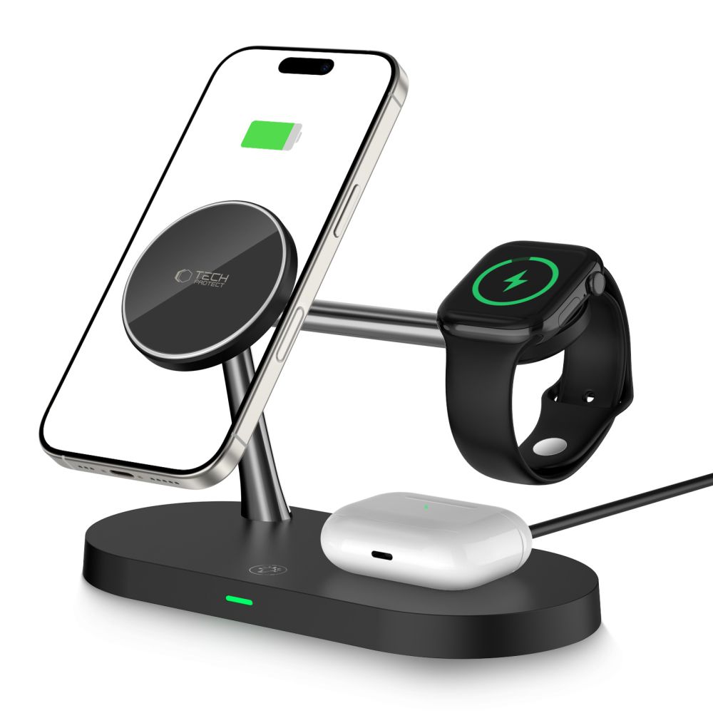 iKi 3in1 MagSafe iPhone + Apple Watch + AirPods Qi vezeték nélküli töltő állvány - fekete