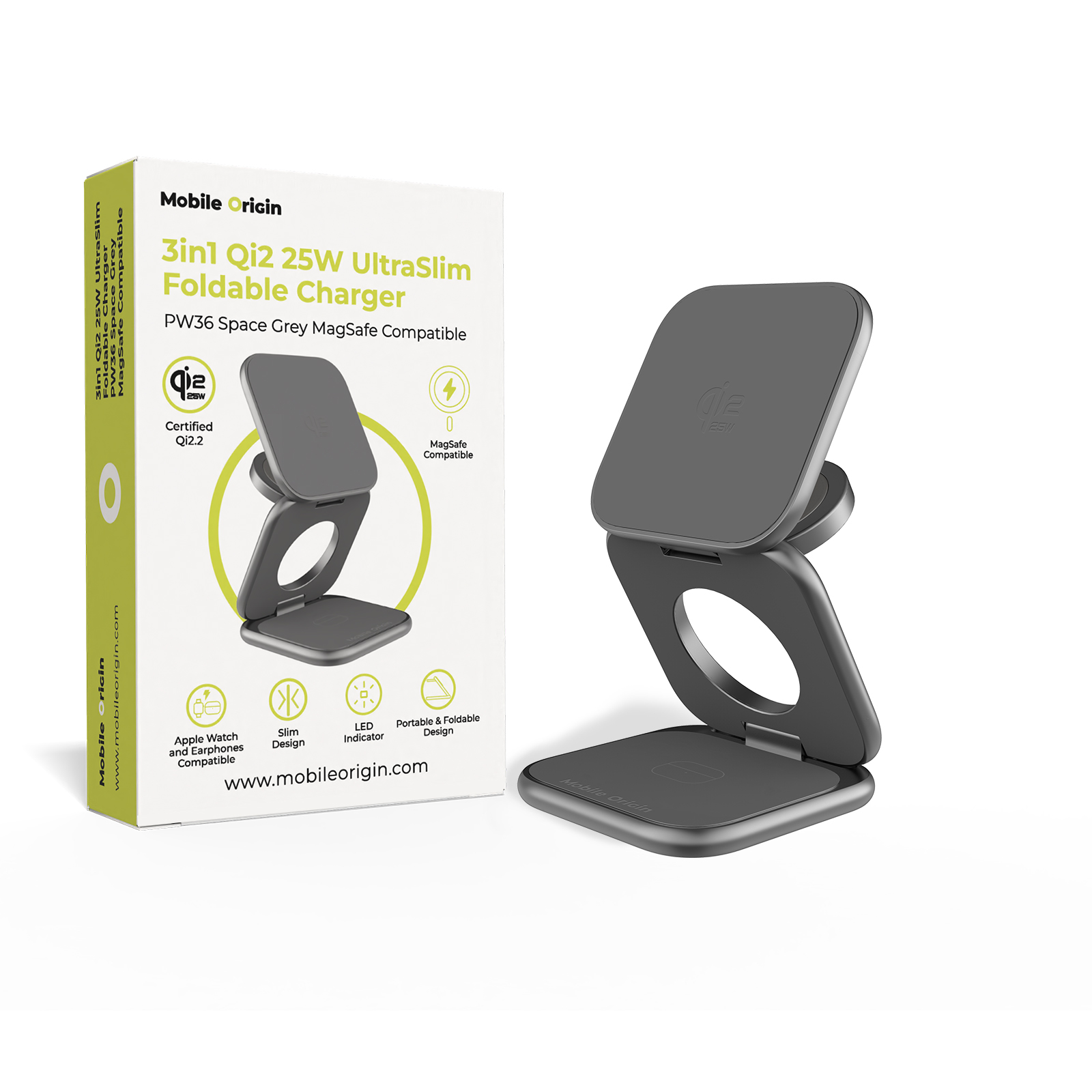 Mobile Origin PW36 3in1 Qi2.2 25W MagSafe iPhone + Apple Watch + AirPods Qi vezeték nélküli töltő állvány dönthető és összecsukható 25W  - szürke