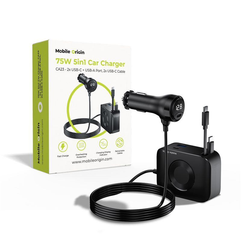 Mobile Origin 75W 5in1 autós szivargyújtós töltő (4x USB-C + 1x USB-A) 75W + 2x USB-C visszahúzható kábel - fekete