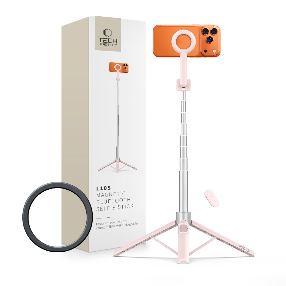 iKi L10S MagSafe Bluetooth szelfibot tripod Bluetooth kioldóval - rózsaszín/szürke