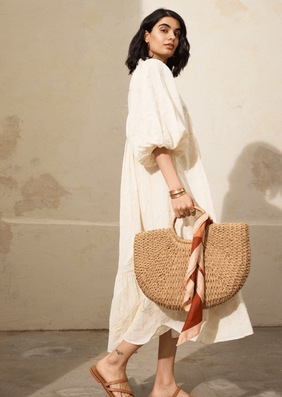 Indiska Vit broderad klänning med puffärm - Vit - M