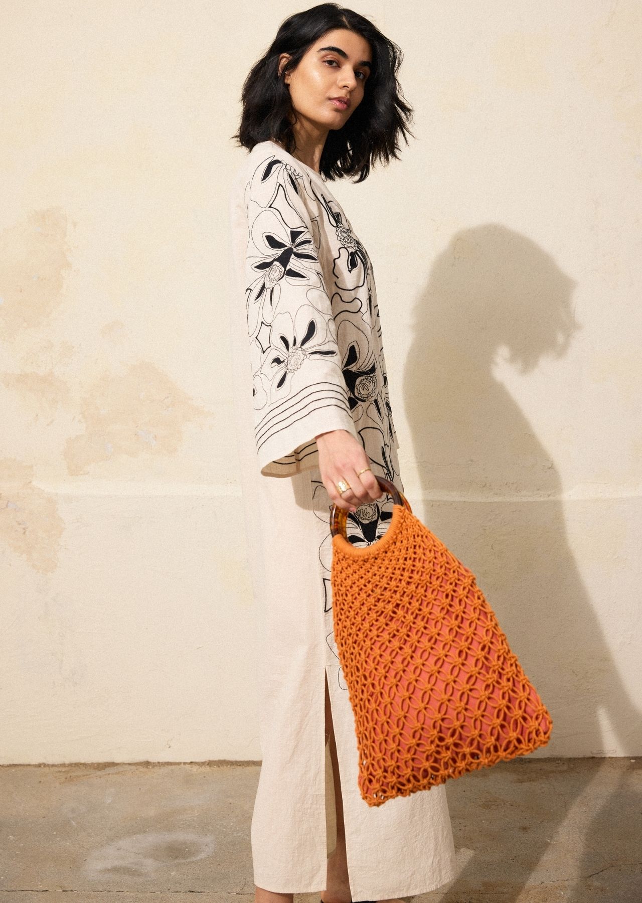 Indiska Broderad lång kaftan - Beige - S