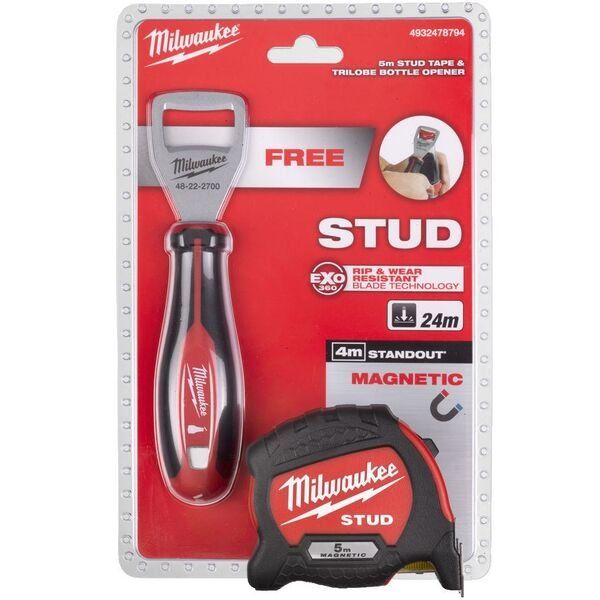 Milwaukee STUD 5m magneettinen mittanauha ja pullonavaaja