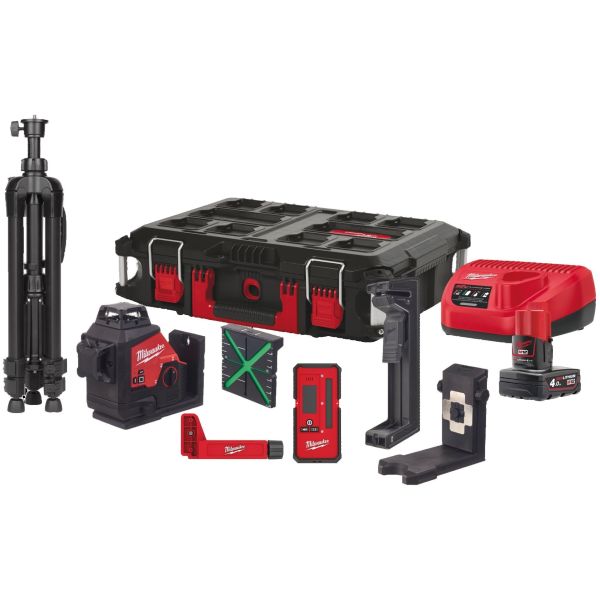 Ristilinjalaser -sarja 360° Milwaukee M12 3PLKIT-401P, 1x4Ah akku ja laturi