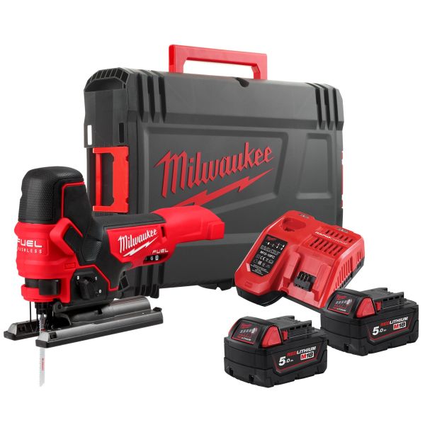 Milwaukee M18 FBJS-502X akkupistosaha -paketti, 2x5Ah akut ja laturi, HD-Box