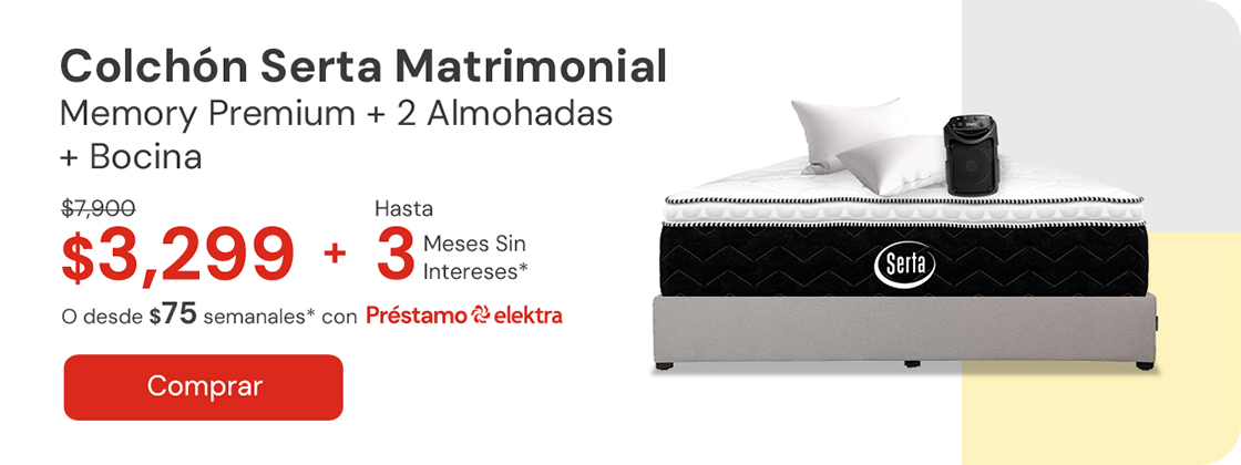 Colchón Matrimonial Serta Memory Premium + 2 Almohadas + Bocina De: $7,900 A: $3,299 Desde $75 semanales o hasta 3 MSI