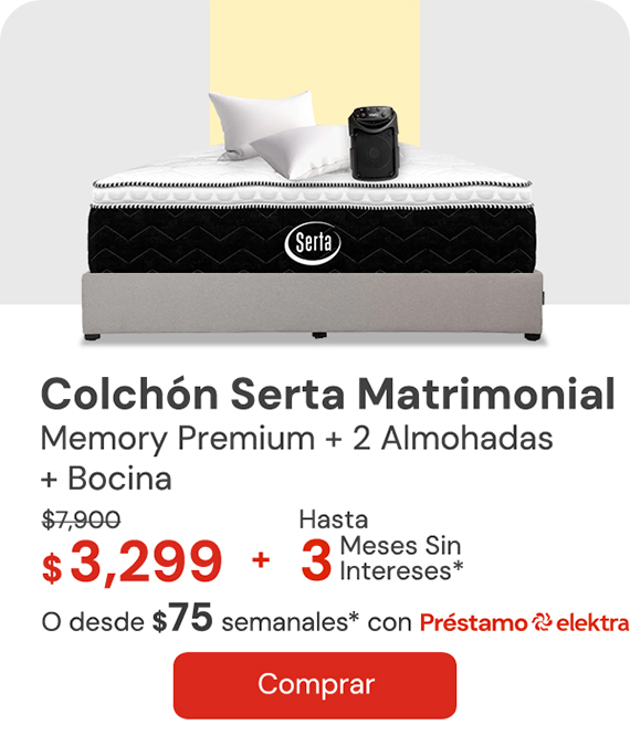 Colchón Matrimonial Serta Memory Premium + 2 Almohadas + Bocina De: $7,900 A: $3,299 Desde $75 semanales o hasta 3 MSI