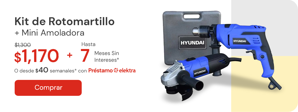 Kit De Rotomartillo HYRT500 + Mini Amoladora HYA500 - HYK5000 $1,300 $1,170 Desde $40 semanales o hasta 7 MSI