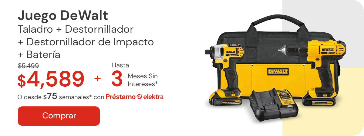 "JUEGO COMBINADO DE TALADRO/ DESTORNILLADOR/ DESTORNILLADOR DE IMPACTO/ BATERÍA DEWALT $5,499 $4,589 Desde $75 semanales o hasta 3 MSI"