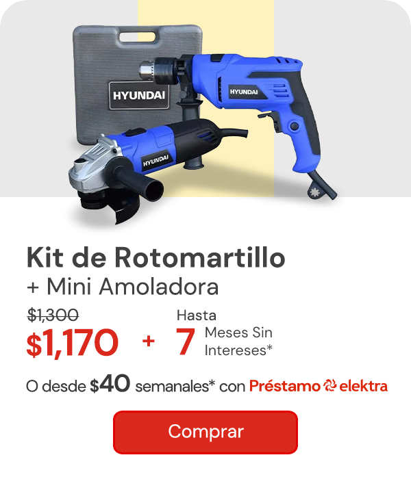 Kit De Rotomartillo HYRT500 + Mini Amoladora HYA500 - HYK5000 $1,300 $1,170 Desde $40 semanales o hasta 7 MSI