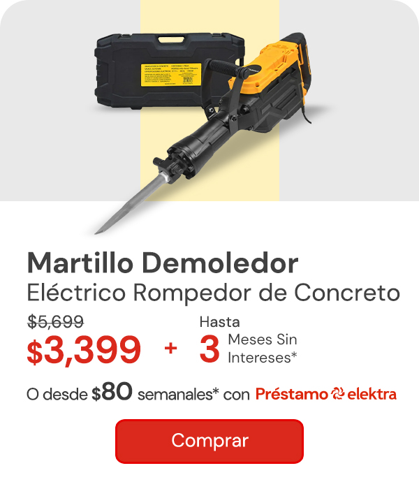 MARTILLO DEMOLEDOR ROMPEDOR CONCRETO ELECTRICO 1700W $5,699 $3,399 Desde $79 semanales o hasta 3 MSI