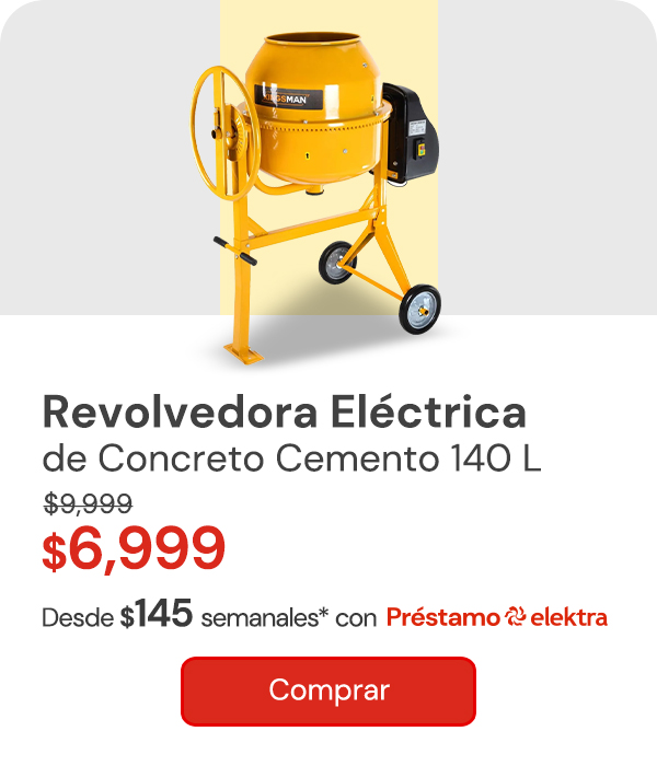 REVOLVEDORA ELÉCTRICA DE CONCRETO CEMENTO 140L 1HP 1/2 SACO $9,999 $6,999 Desde $145 semanales