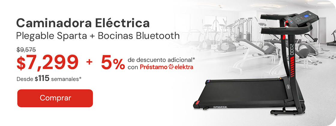 "Caminadora Eléctrica Plegable SPARTA, 1.5HP Bocinas & Bluetooth De; $9,575 A: $7,299 Desde: $115 semanales + 5% de descuento adicional con Prestamo elektra"