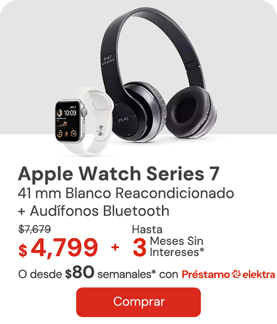 "Apple Watch Series 7 41mm Blanco (Reacondicionado) + Audífonos Bluetooth $7,679 $4,799 Desde $80 semanales Hasta 3 MSI"