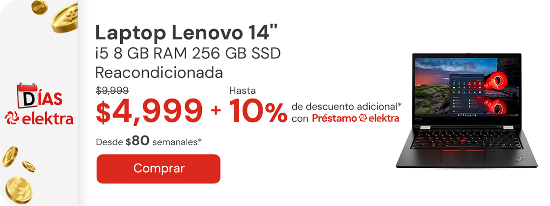 Laptop Lenovo T480 14'' Core i5-8, 8gb Ram,256GB SSD,REACONDICIONADO de $9,999 a $4,999 desde $79 semanales + 10% de descuento con Préstamo Elektra