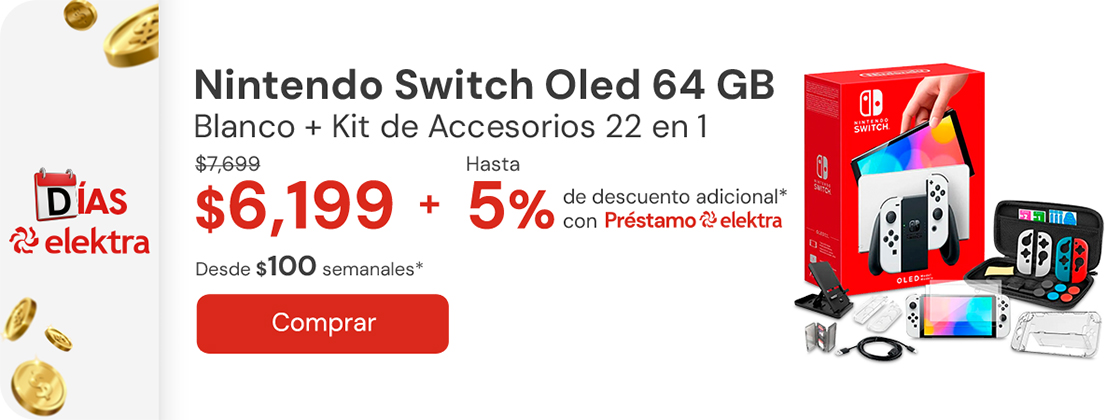 "NINTENDO SWITCH OLED 64GB BLANCO MÁS KIT ACCESORIOS 22 EN 1 $7,699 $6,199 + 5% adicional con Préstamo elektra desde: $97 semanales"