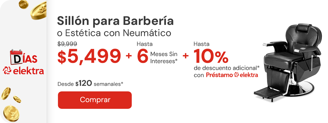 "SILLÓN BARBERÍA SILLA BARBERO PELUQUERÍA ESTÉTICA NEUMÁTICO $9,999 $5,499 Hasta 6 MSI +10% adicional con Préstamo elektra Desde: $120 semanales"