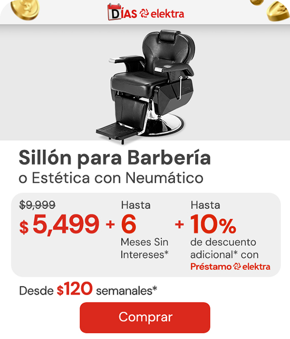 "SILLÓN BARBERÍA SILLA BARBERO PELUQUERÍA ESTÉTICA NEUMÁTICO $9,999 $5,499 Hasta 6 MSI +10% adicional con Préstamo elektra Desde: $120 semanales"