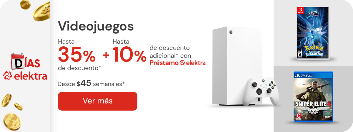 Videojuegos hasta 35% de descuento + hasta 10% de descuento con Préstamo elektra o desde: $45 semanales*