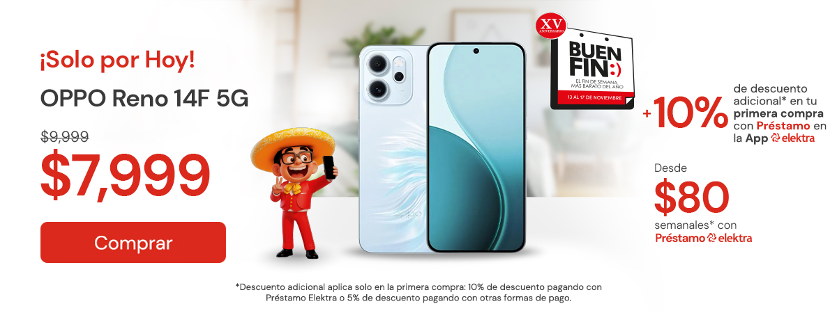 Solo por hoy OPPO Reno 14F 5G 31063092" $9,999 $7,999 + 10% Primera compra app