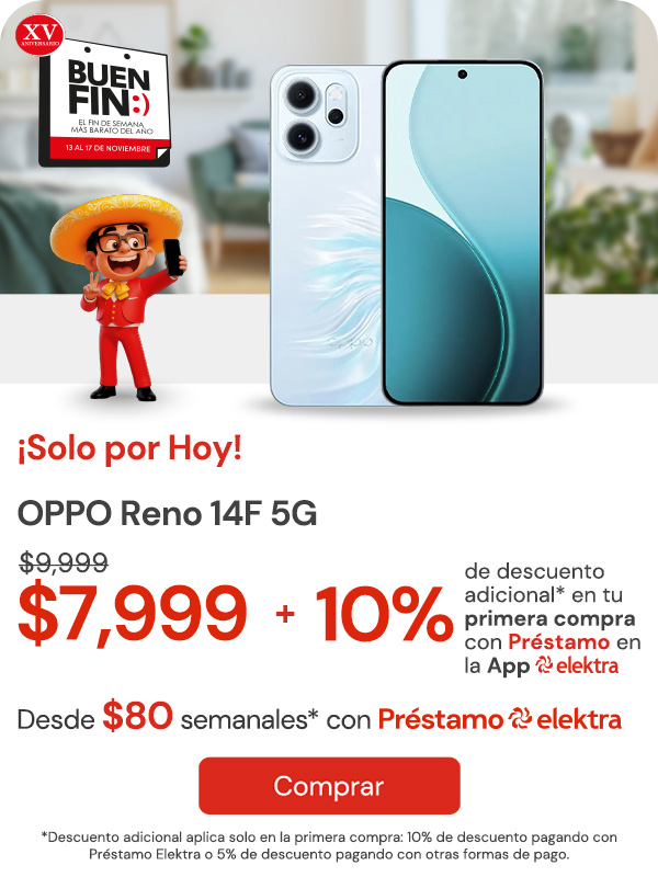 Solo por hoy OPPO Reno 14F 5G 31063092" $9,999 $7,999 + 10% Primera compra app