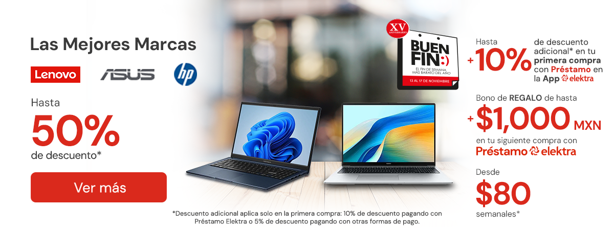 Las mejores marcas (Logos, Asus, Lenovo, HP)" Hasta 50% + 10% Primera compra app * Desde $80 semanales BONO: Hasta $1.000