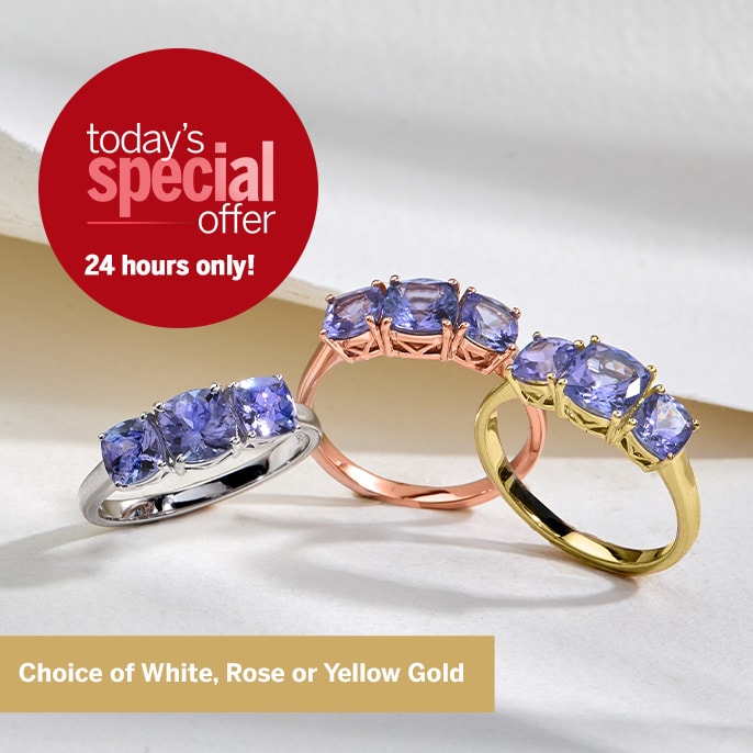 Today's Special Offer 1.95ct Tanzanite Cushion Trilogy Ring 9ct Gold