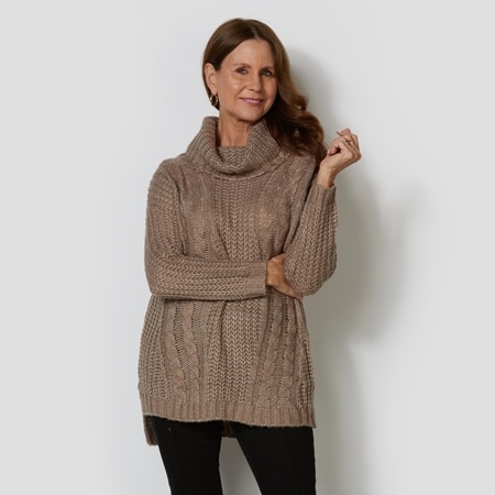 Cafe Latte Cable Knit Roll Neck Jumper