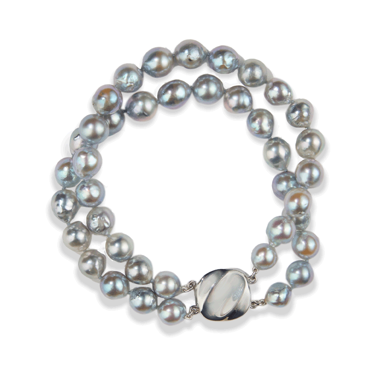 Matahina 7-8mm Natural Blue Akoya Semi Baroque Pearl 2-Row Bracelet SS