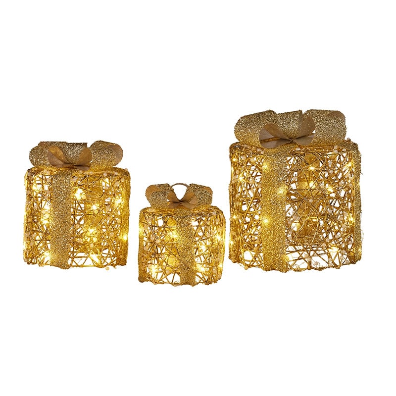 Swishmas 3 Golden Cylindrical Gift Boxes w Lights & Bows