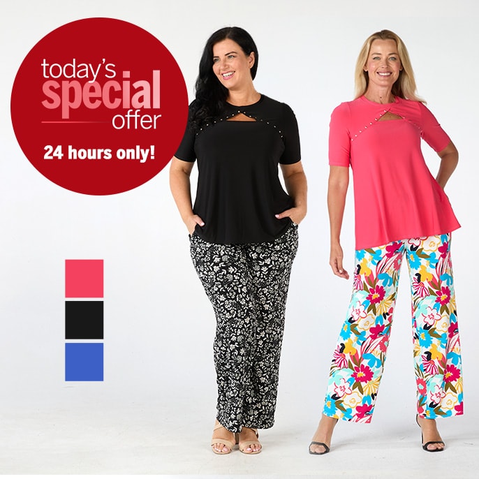 Today's Special Offer Nina Leonard Peek a Boo Top and Print Pocket Pant 2 PC Set