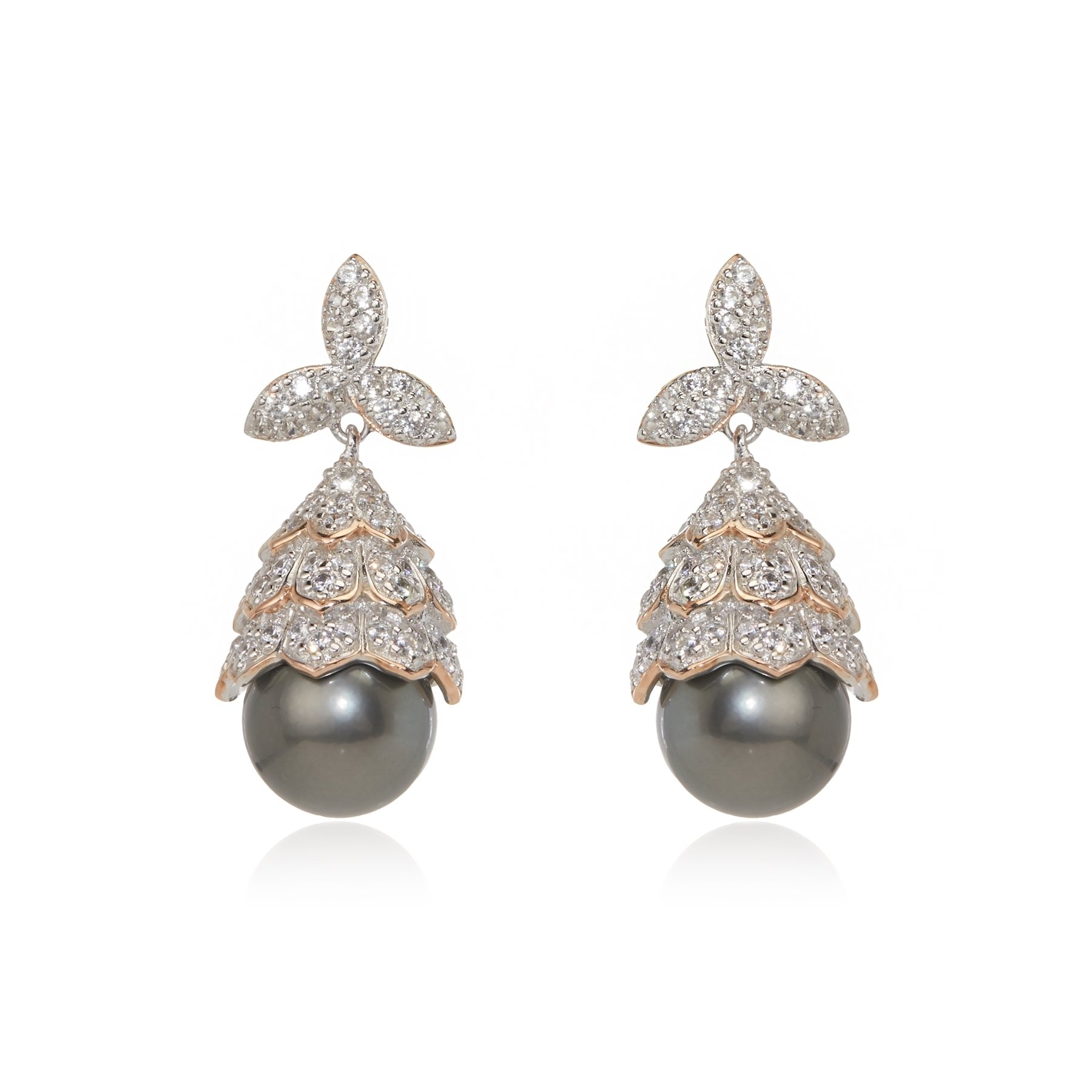 Pearls of Tahiti 11-12mm Near Round Tahitian Pearl & Zircon Earrings SS