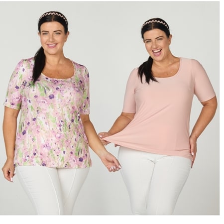 Nina Leonard Scoop Neck Elbow Sleeve Top Print/Plain 2 Pack