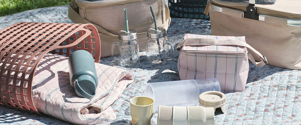 Különféle piknik kiegészítők egy piknik pléden