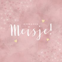 Felicitatiekaart geboorte meisje, roze met gouden hartjes