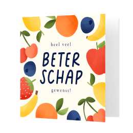 Vrolijke beterschapskaart met kader van fruit