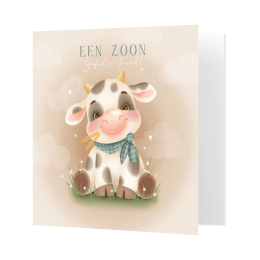 Lieve felicitatiekaart geboorte jongetje met koe en wolkjes