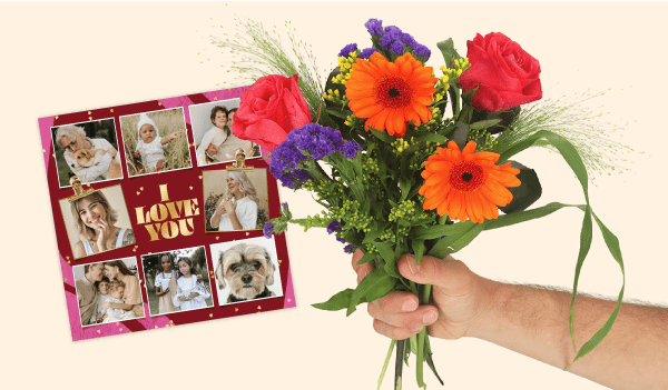 Kaart I love you en bos bloemen