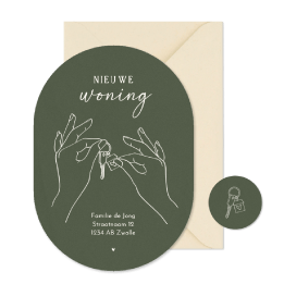 Verhuiskaart lijntekening handen sleutels ovaalvorm groen