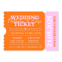 Hippe ticket vorm uitnodiging trouwen met felle kleuren